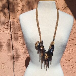 Chico's Leopard & Black Statement Necklace with Gold Chains